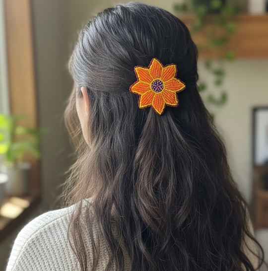 Orange Beaded Flower Barrette