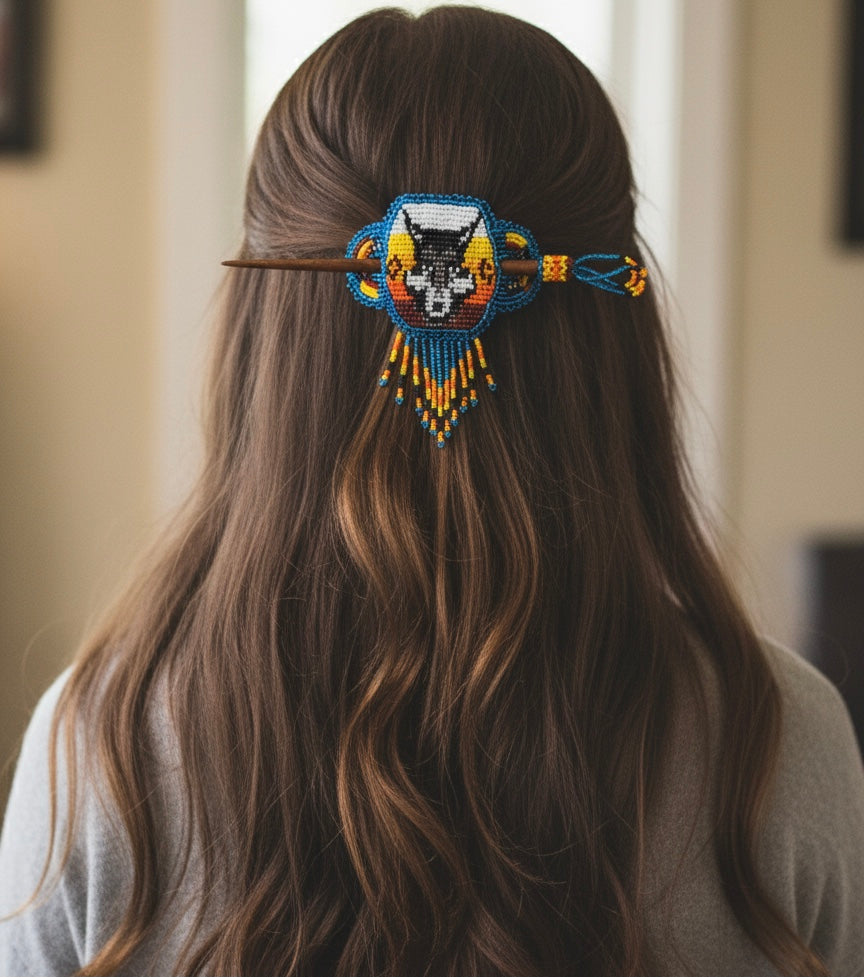 Wolf Fringed Beaded Barrette & Wooden Stick