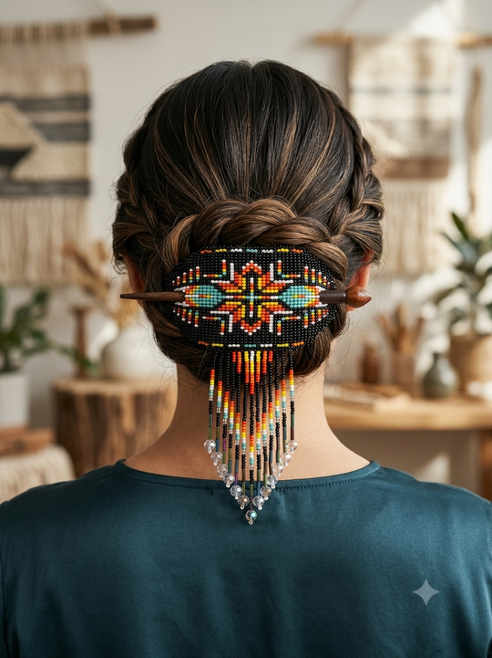 Feathers Fringed Beaded Barrette &amp; Wooden Stick