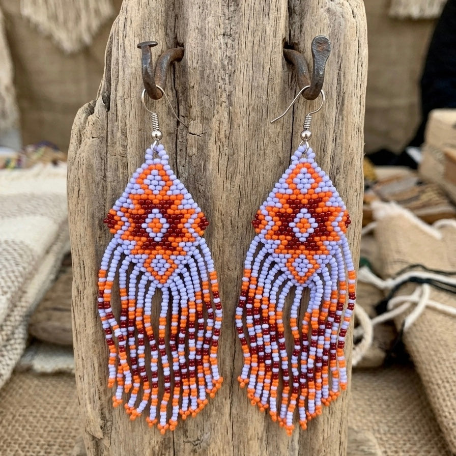 Fringe Bead Drop Earrings (Blue)