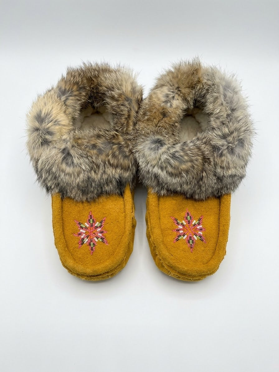 Yellow Moccasins with Beadwork (Size 7)