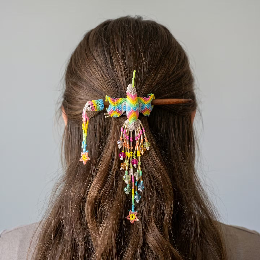 White Hummingbird Beaded Hair Stick