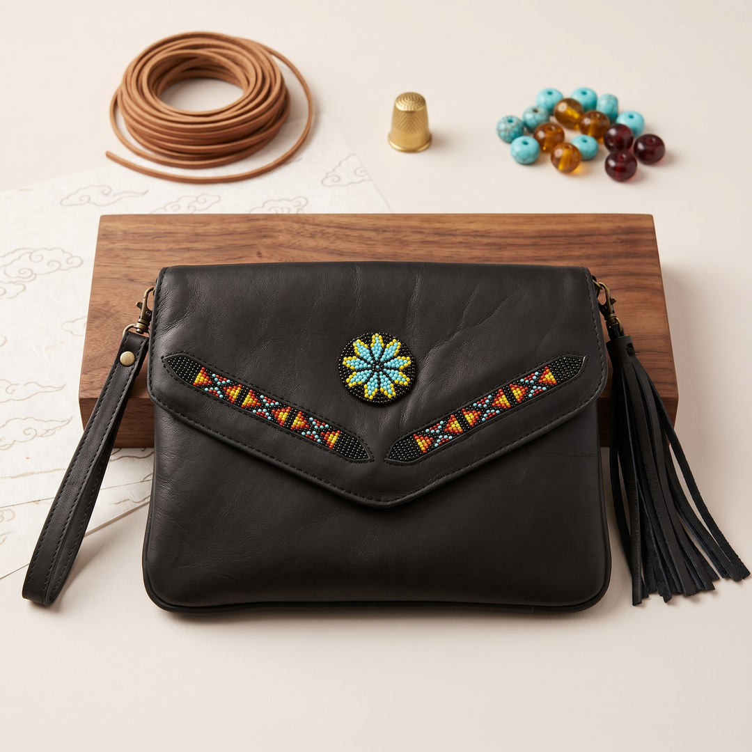 Leather beaded Crossbody bag(Black)