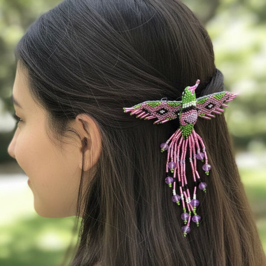 Purple and lime green Hummingbird Barrette with Fringes