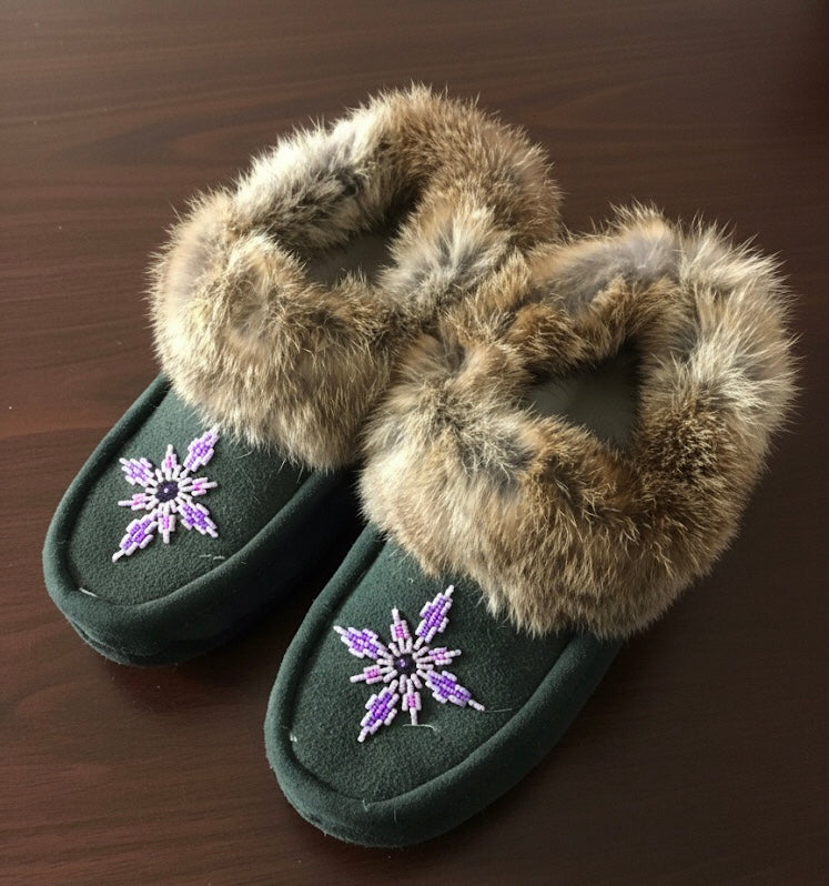 Green Moccasins with Beadwork (Size 8)