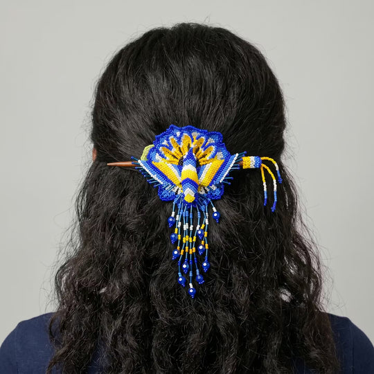 Maple Blossom Hummingbird Beaded Hair Stick Barrette Blue