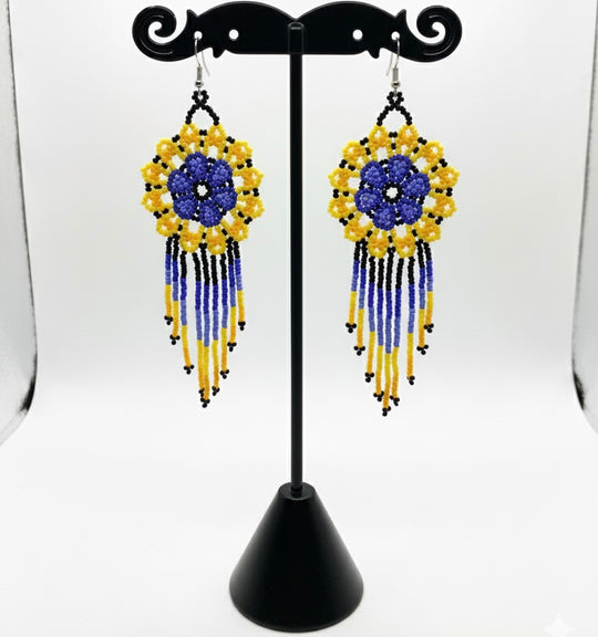 Yellow Blue Flower beaded Earrings