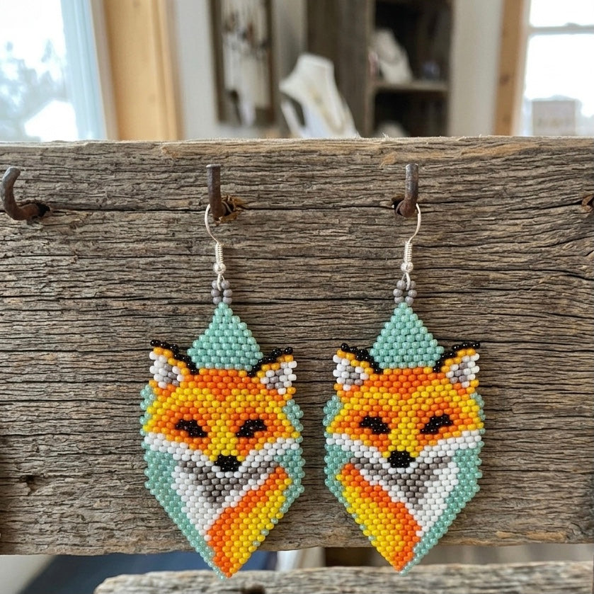 Fox Beaded Earrings (Green)