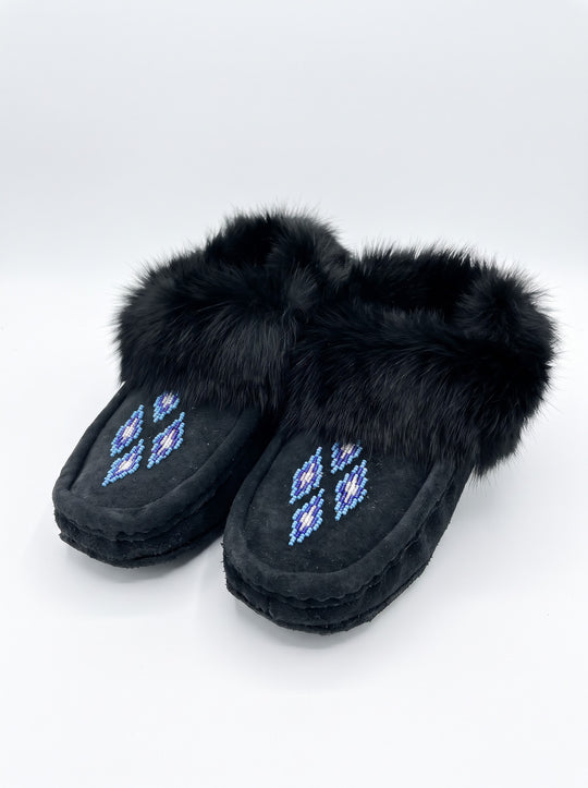 Black Moccasins with Beadwork (Size 8)