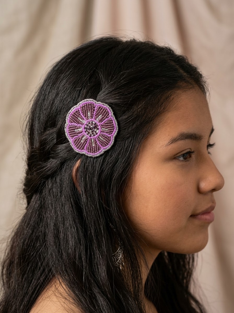 Purple Beaded Flower Barrette