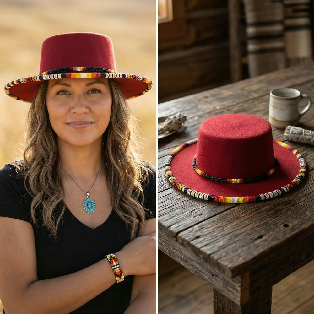 Size-62 Beaded Flat-Brim Felt Hat