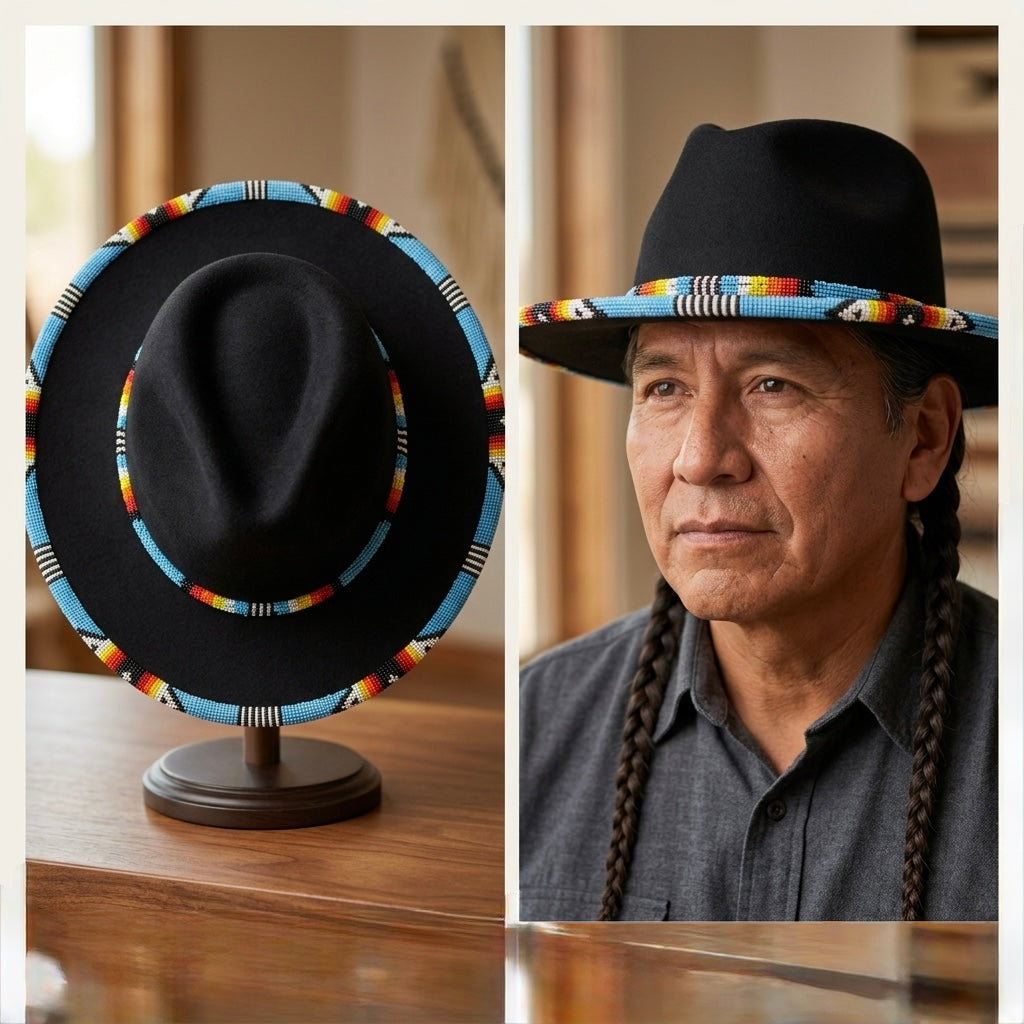 Size-62 Beaded Flat&amp;Circular Brim Felt Hat