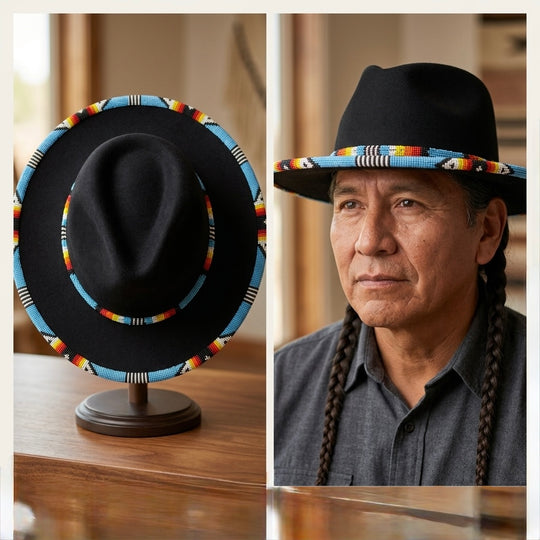 Size-62 Beaded Flat&amp;Circular Brim Felt Hat