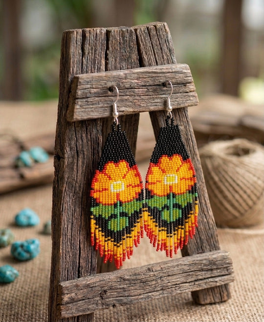 Flower Beaded Earrings ( Yellow )