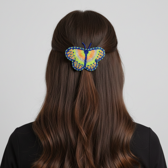 Neon Green and Neon Orange Butterfly Beaded Barrette