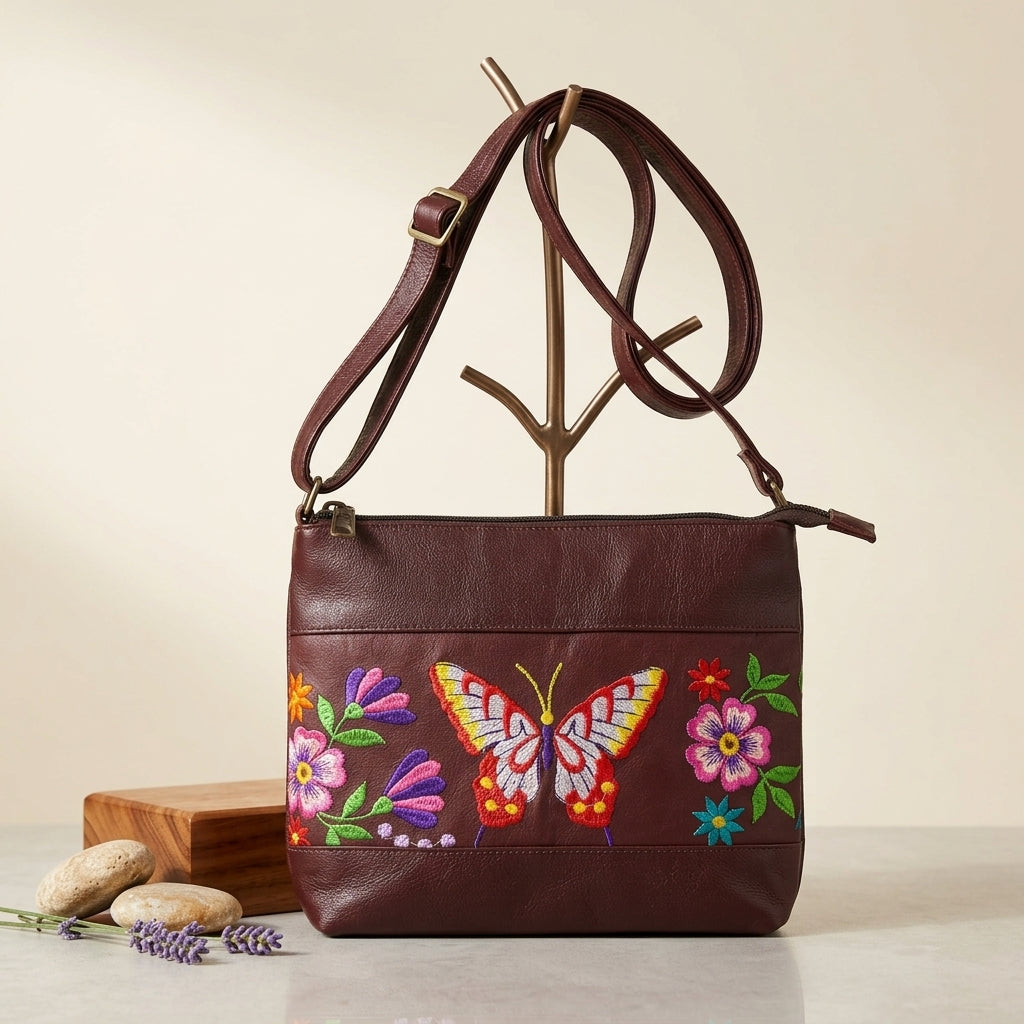 Butterfly Embroidered Leather Crossbody Bag