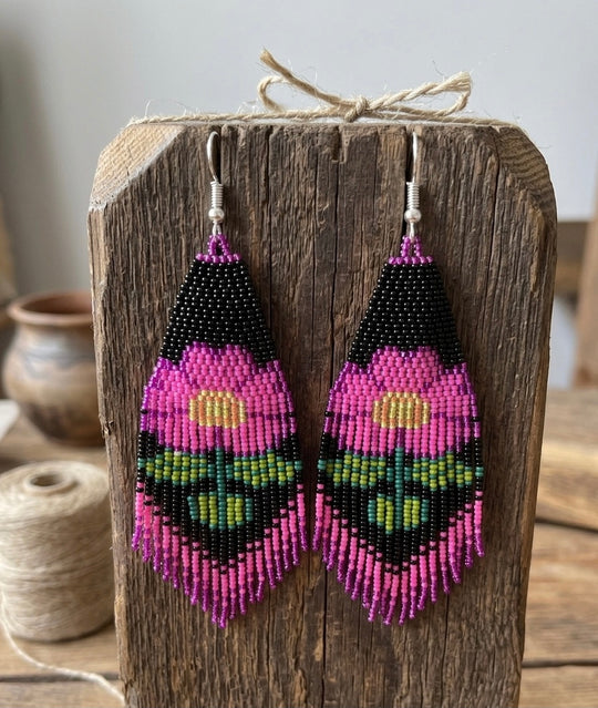 Flower Beaded Earrings ( Pink )