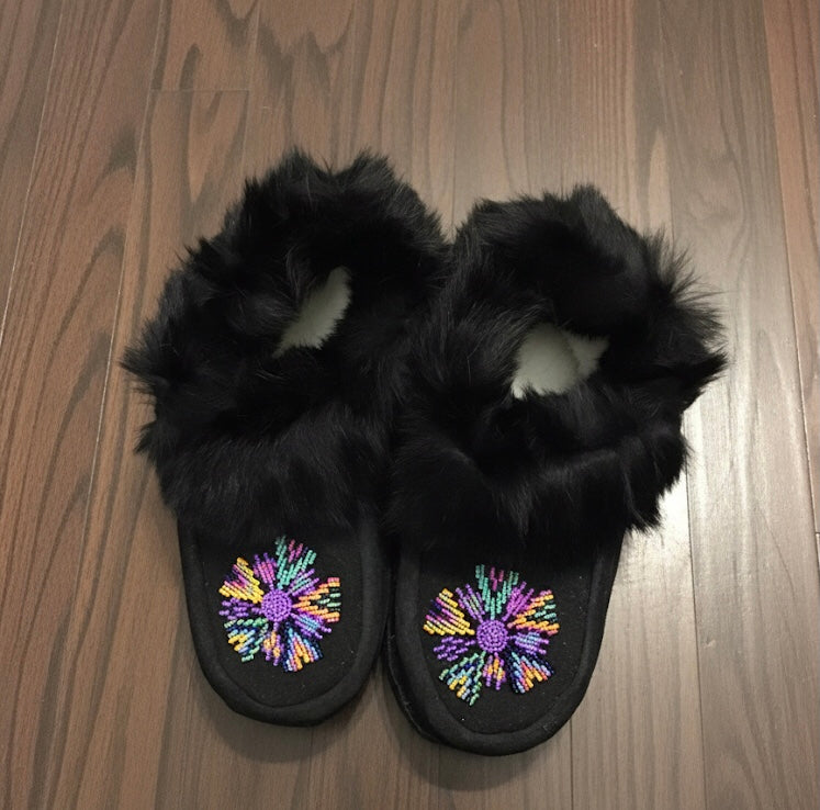 Black Moccasins with Green and Pink Beadwork (Size 7)