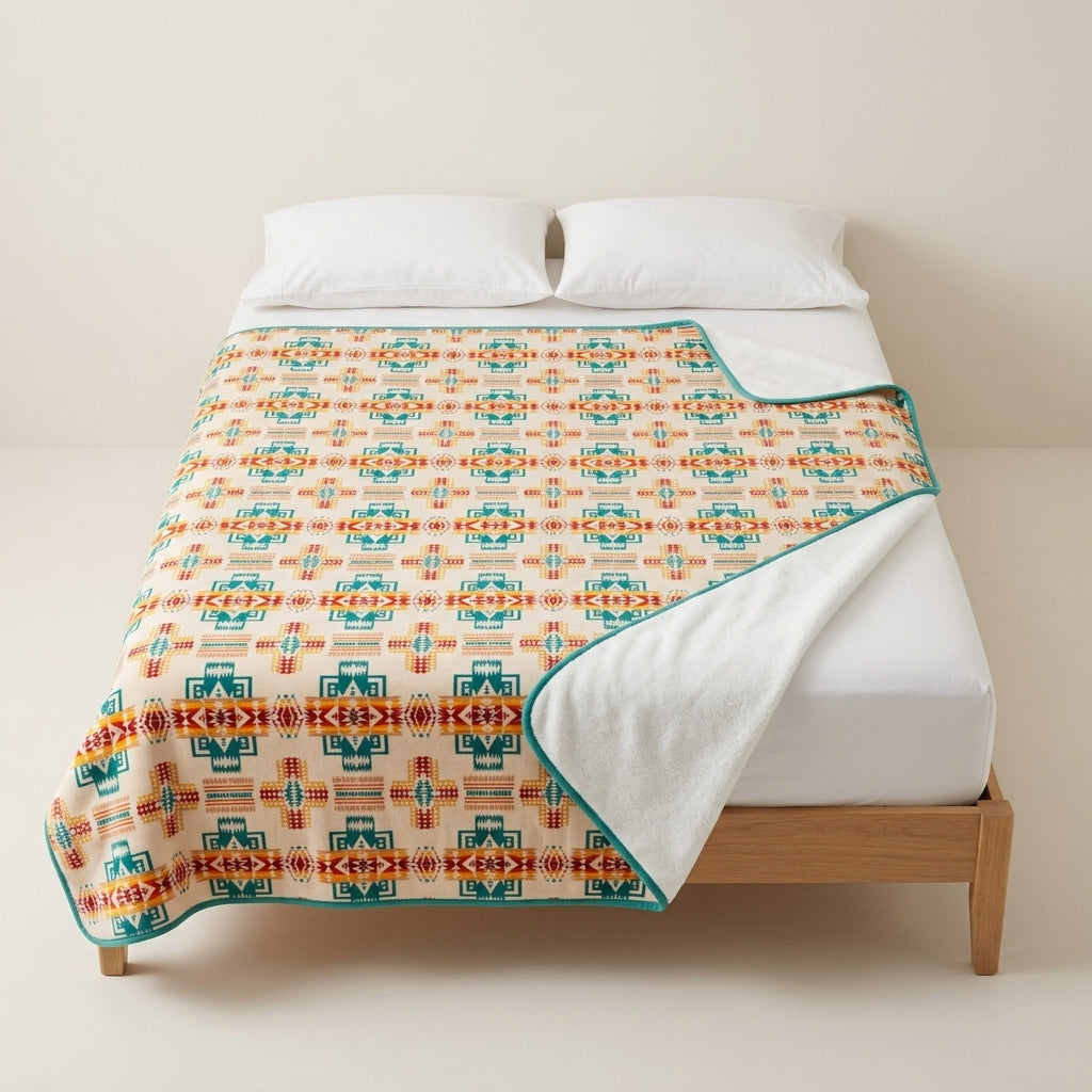 Southwestern Style Sherpa-Lined Queen Blanket(Beige)