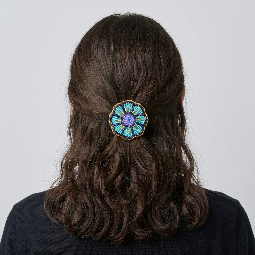 Turquoise Beaded Flower Barrette