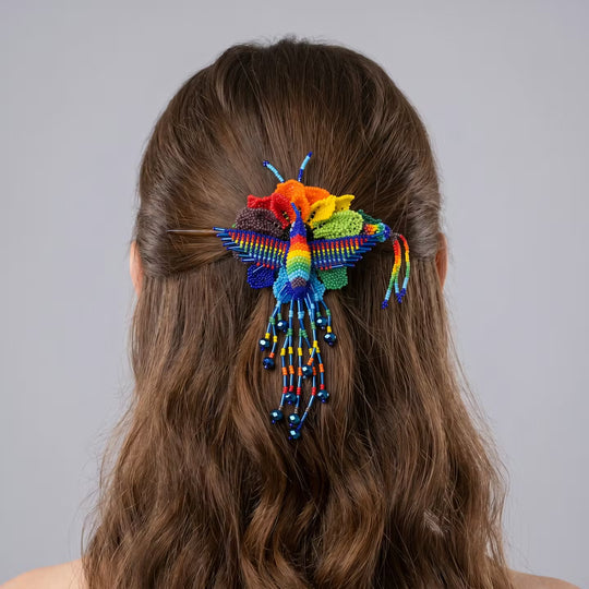 Maple Blossom Hummingbird Beaded Hair Stick Barrette Blue