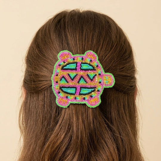 Beaded turtle Barrette Green accent