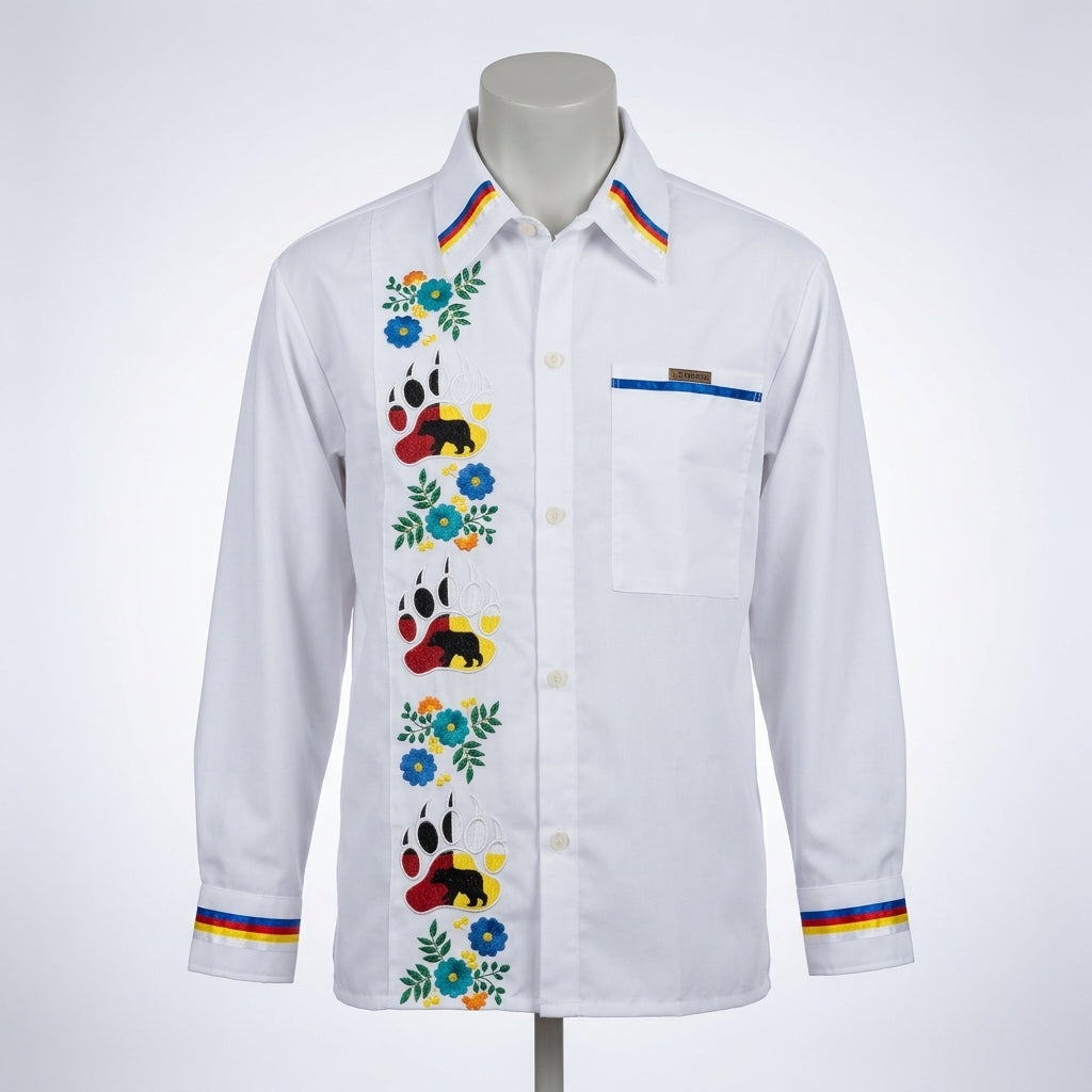 Embroidered white Ribbon Shirt (Bear Paw)