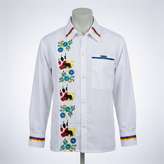 Embroidered white Ribbon Shirt (Bear Paw)