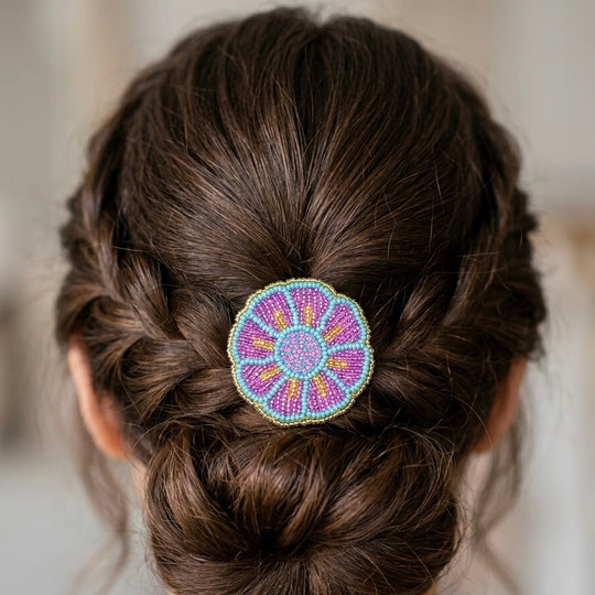 Pink/Purple Beaded Flower Barrette