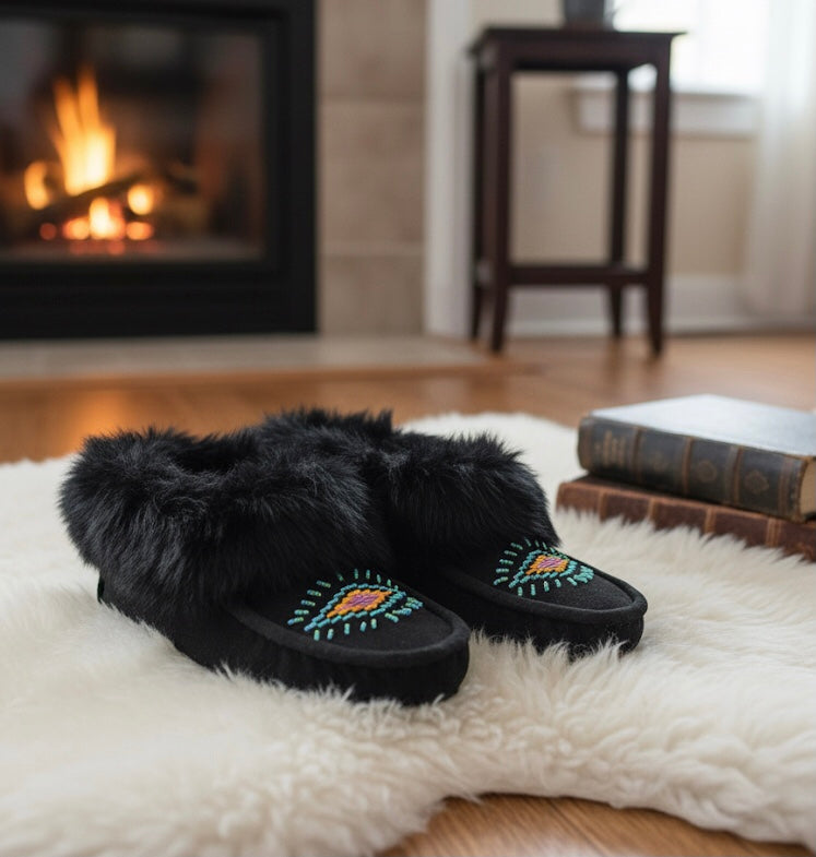 Black Moccasins with Turquoise Beadwork (Size 7)