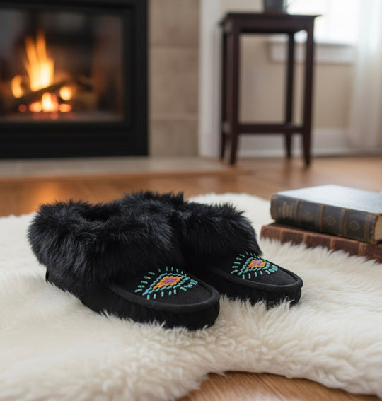 Black Moccasins with Turquoise Beadwork (Size 7)