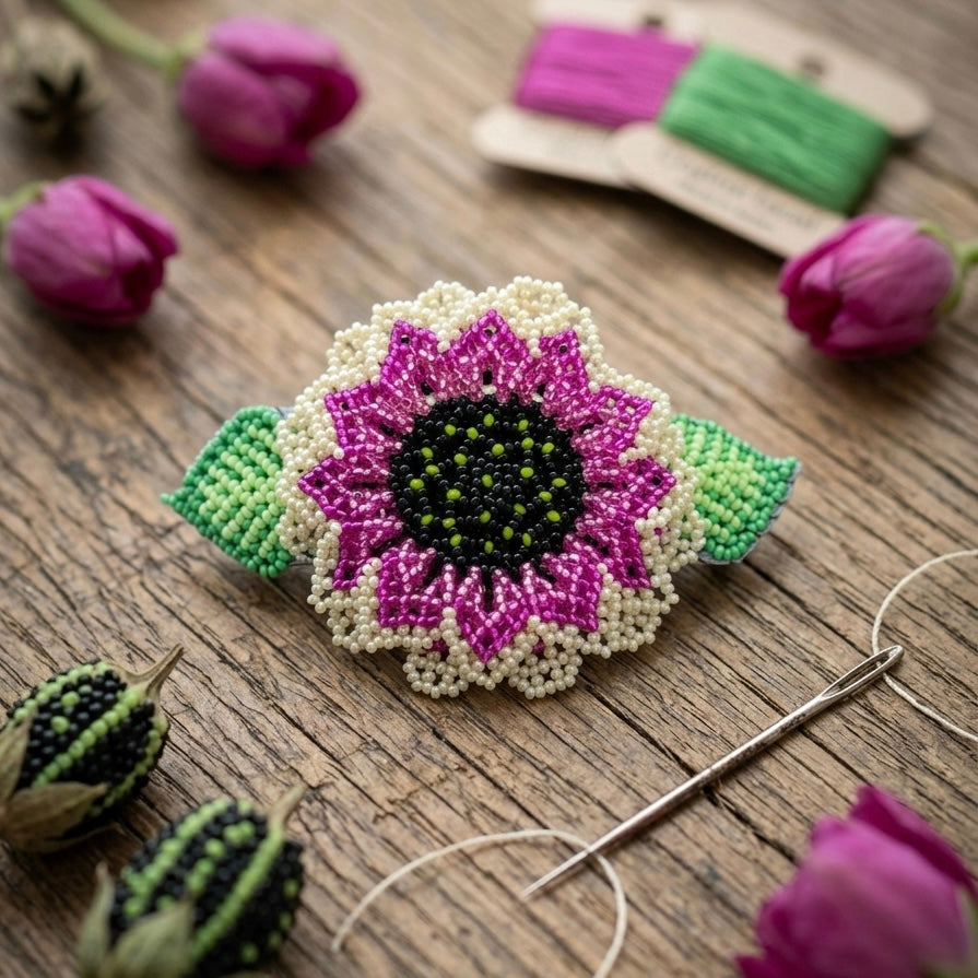 OLDTRIBES Handmade Beaded Sunflower Hair Clip-Beige