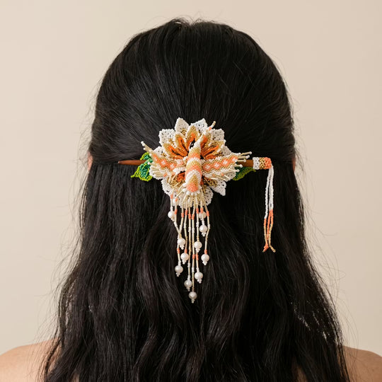 Maple Blossom Hummingbird Beaded Hair Stick Barrette White