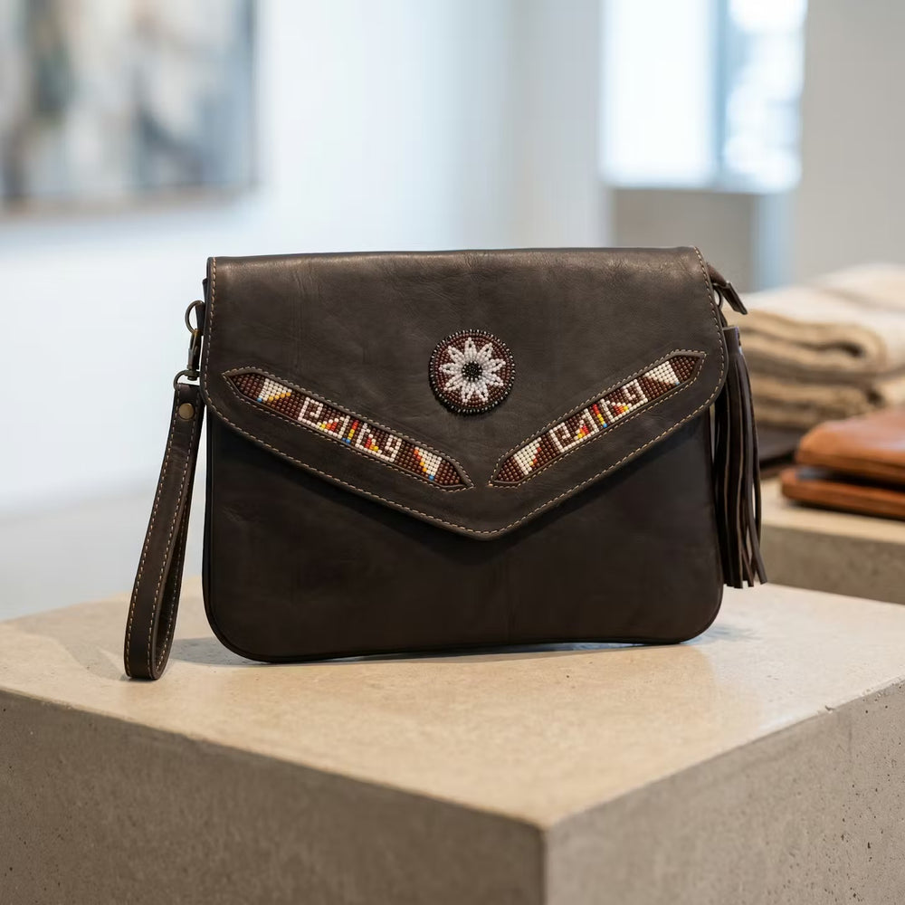 Leather beaded Crossbody bag(Chocolate Brown)