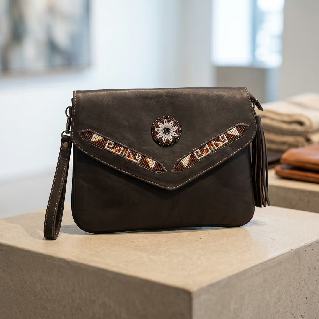 Leather beaded Crossbody bag(Chocolate Brown)