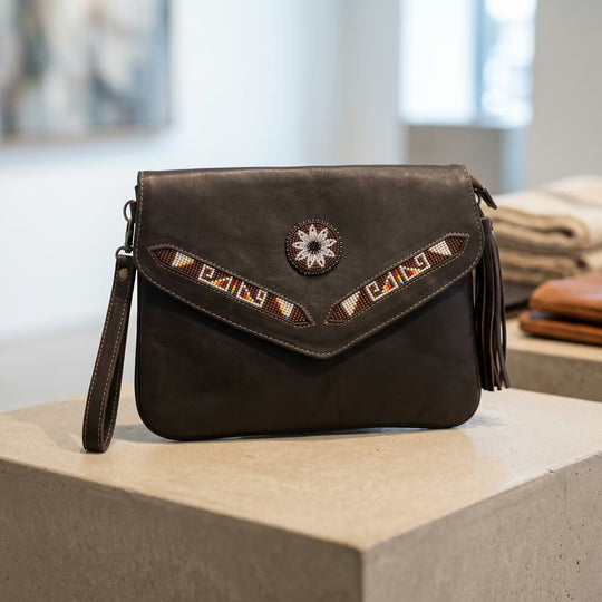 Leather beaded Crossbody bag(Chocolate Brown)