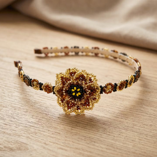 Beaded Headband with Flower Brown