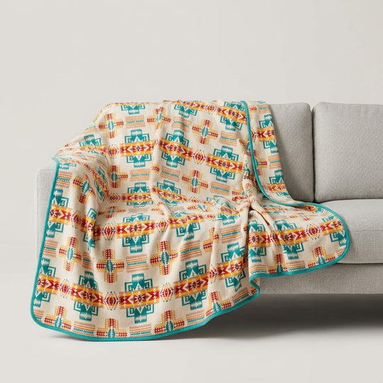 Southwestern Style Sherpa-Lined Queen Blanket(Beige)