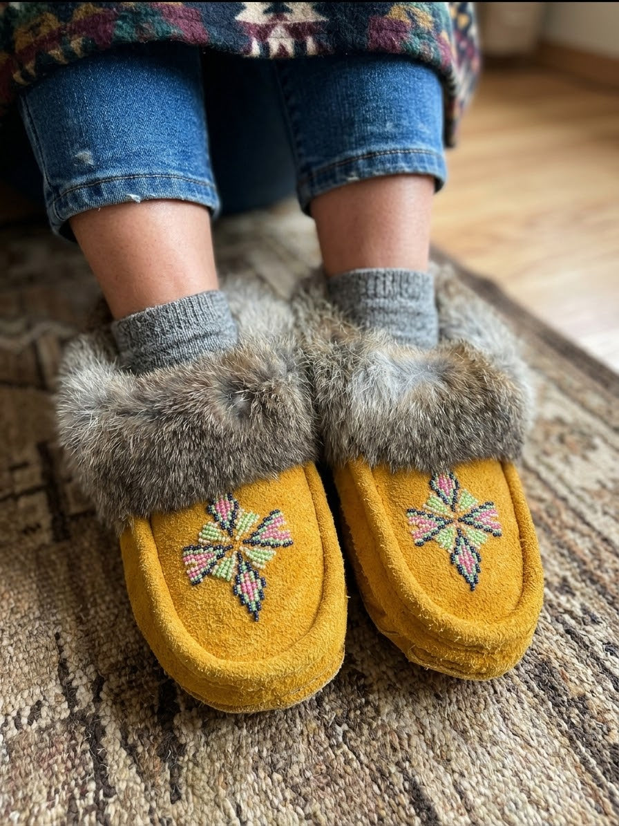 Yellow Moccasins with Beadwork (Size 7)