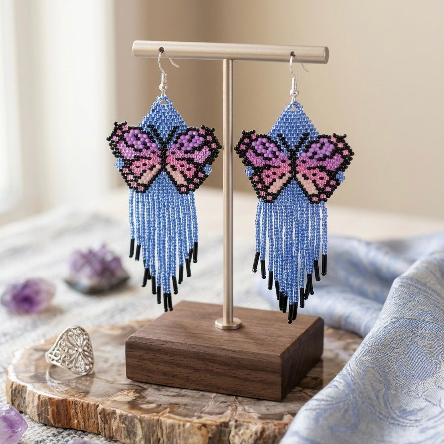 Blue Beaded Dancing Wing Earrings