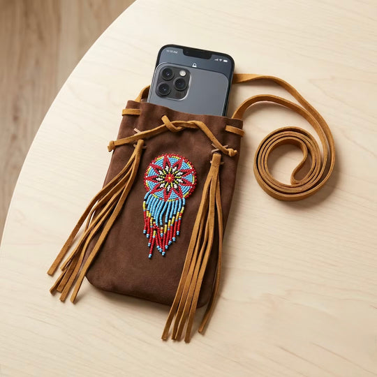 Beaded Suede Phone Pouch ~ Brown