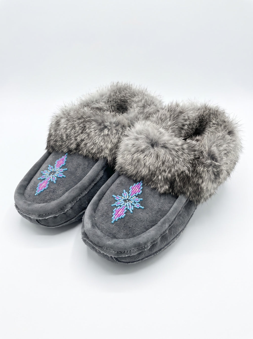 Grey Moccasins with Beadwork (Size 8)