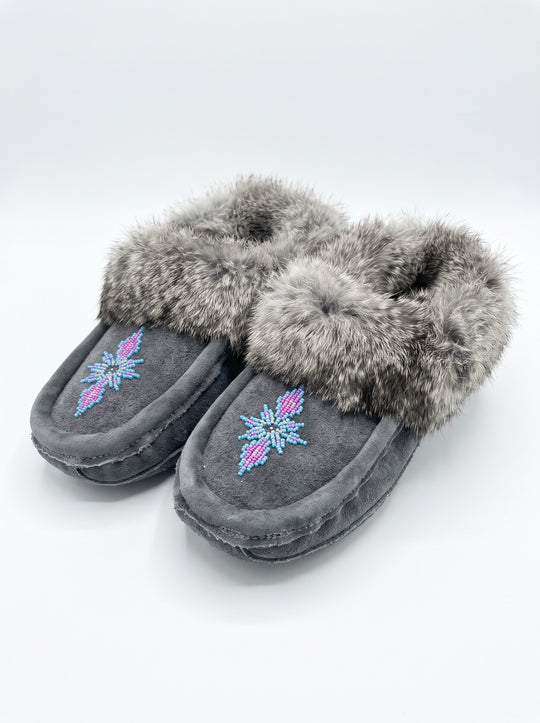 Grey Moccasins with Beadwork (Size 8)