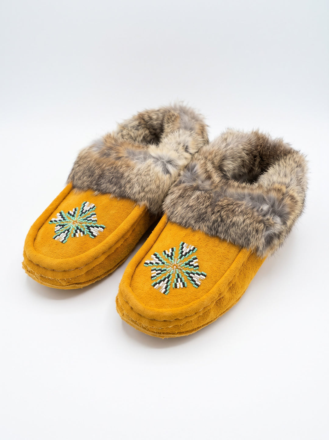 Yellow Moccasins with Beadwork (Size 10)