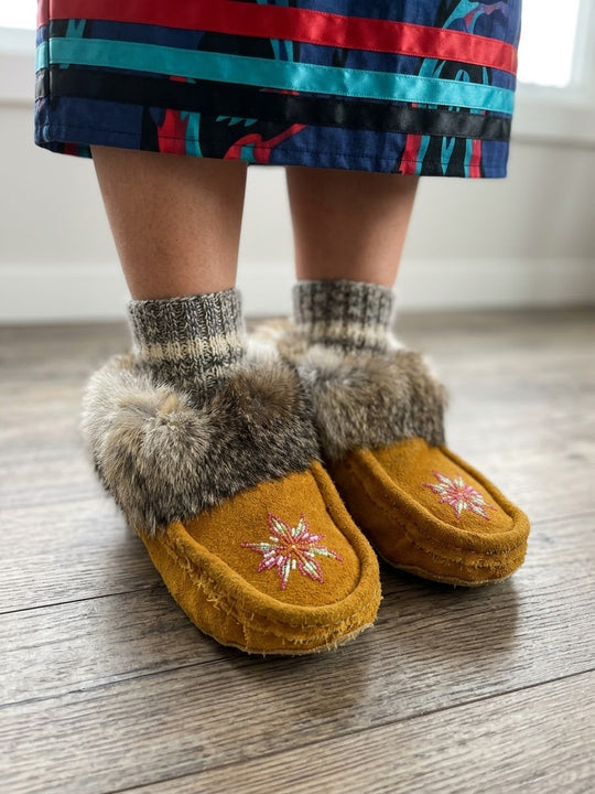 Yellow Moccasins with Beadwork (Size 7)