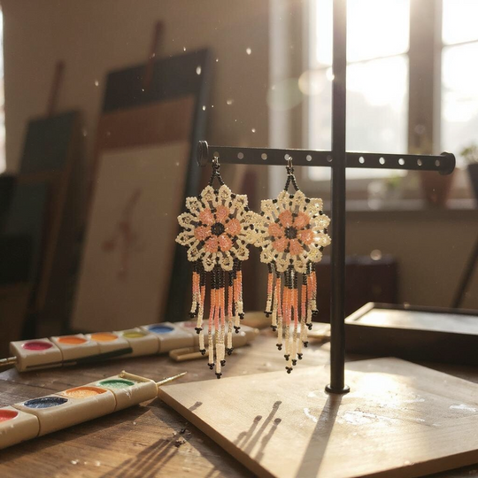 Peach white Flower beaded Earrings