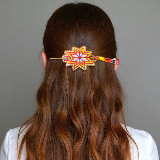 Silver Yellow  Handmade Beaded Star Barrette