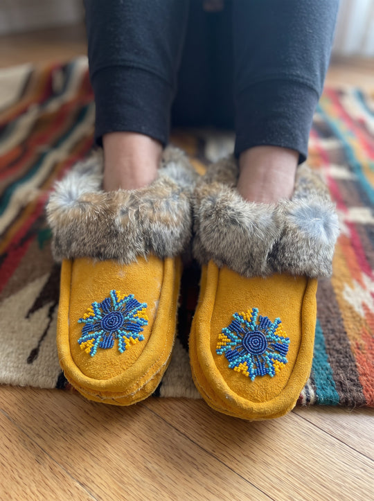 Yellow Moccasins with Beadwork (Size 8)