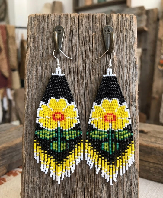 Flower Beaded Earrings ( Yellow )