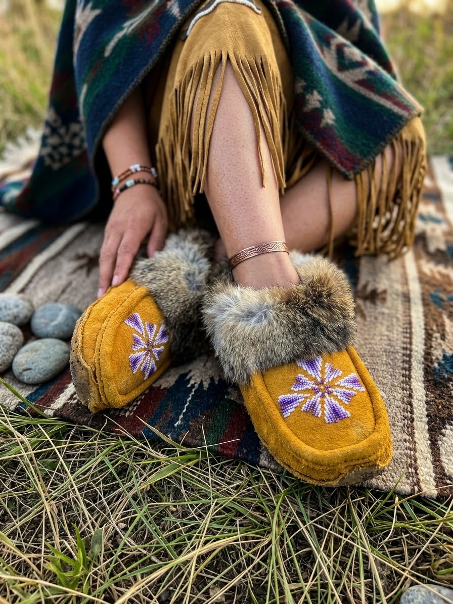 Yellow Moccasins with Beadwork (Size 7)